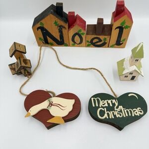 VTG Wooden Noel House Block Set Merry Christmas‎ Folk Art Decor USA Rustic Farm